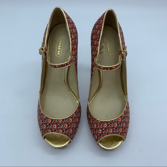 Coach Red and Gold Patterned Heels - Picture 7 of 16